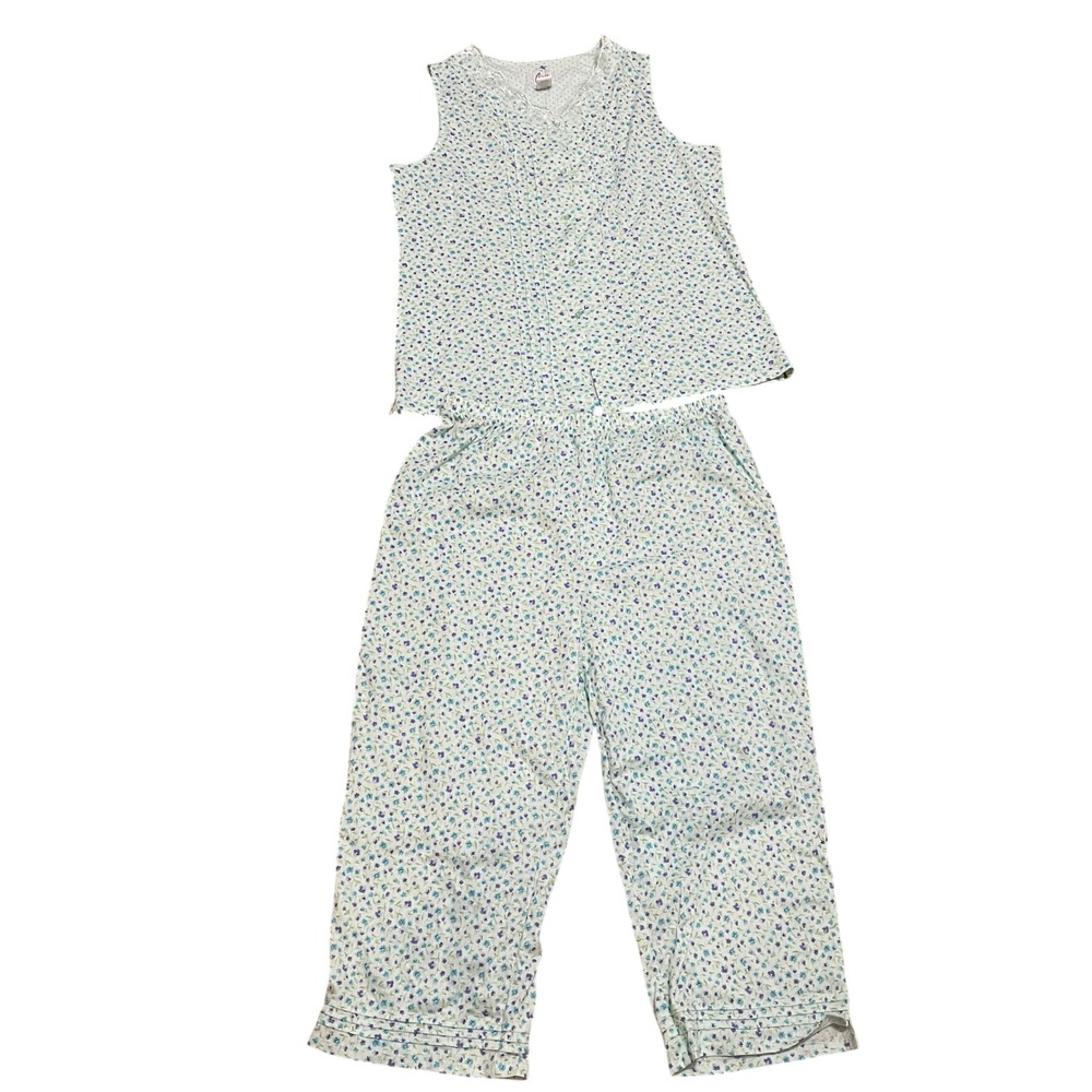 Aria Women's L Floral Grandma Cottage Pajama 2pc Mint Green Lace Trim Sleeveless